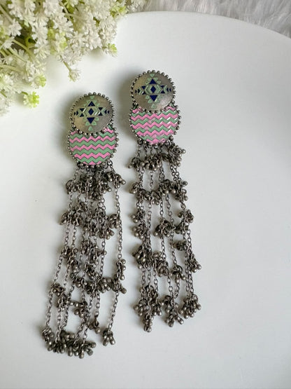 Rangrekha German Silver Tassel Statement Earrings | German Silver Long Tassel Earrings with Geometric Enamel Design | Statement Jewellery