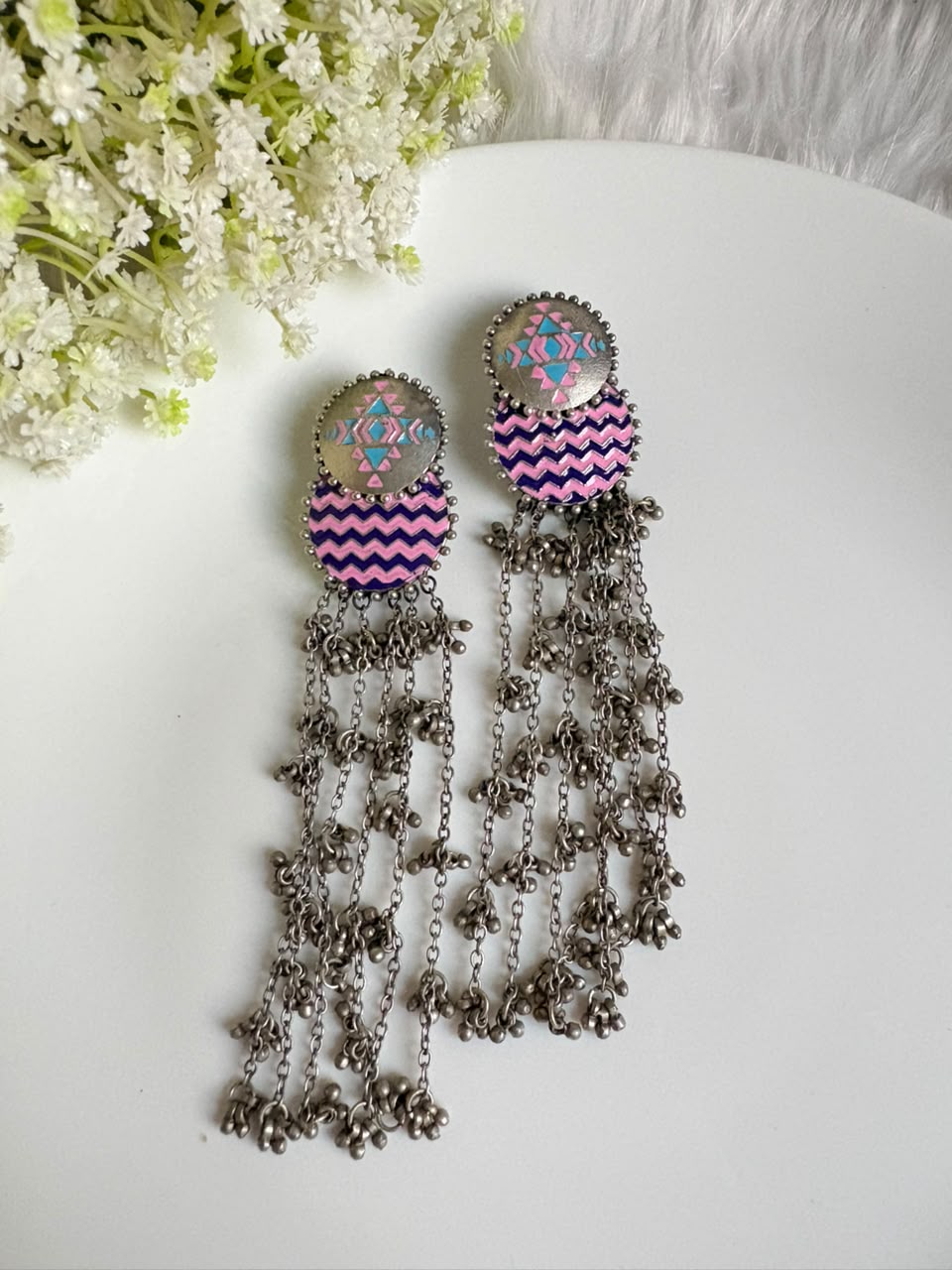 Rangrekha German Silver Tassel Statement Earrings | German Silver Long Tassel Earrings with Geometric Enamel Design | Statement Jewellery