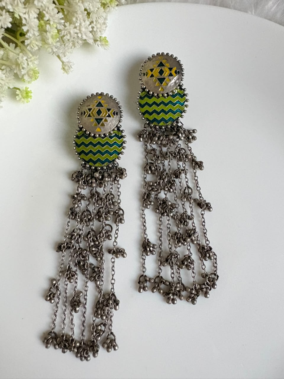 Rangrekha German Silver Tassel Statement Earrings | German Silver Long Tassel Earrings with Geometric Enamel Design | Statement Jewellery
