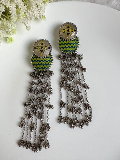 Rangrekha German Silver Tassel Statement Earrings | German Silver Long Tassel Earrings with Geometric Enamel Design | Statement Jewellery