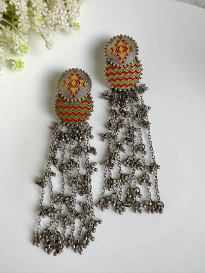Rangrekha German Silver Tassel Statement Earrings | German Silver Long Tassel Earrings with Geometric Enamel Design | Statement Jewellery