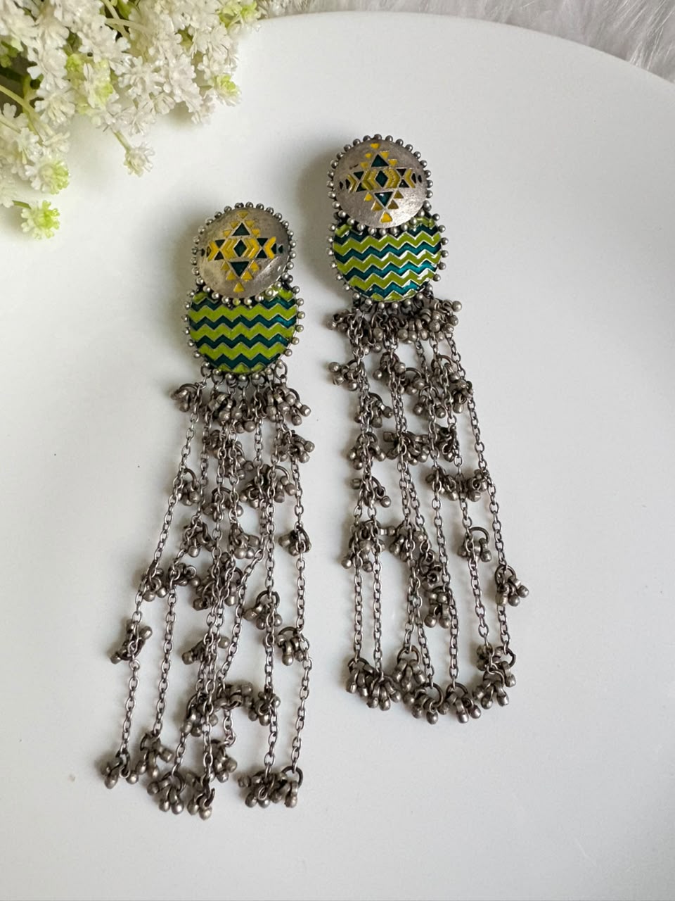 Rangrekha German Silver Tassel Statement Earrings | German Silver Long Tassel Earrings with Geometric Enamel Design | Statement Jewellery