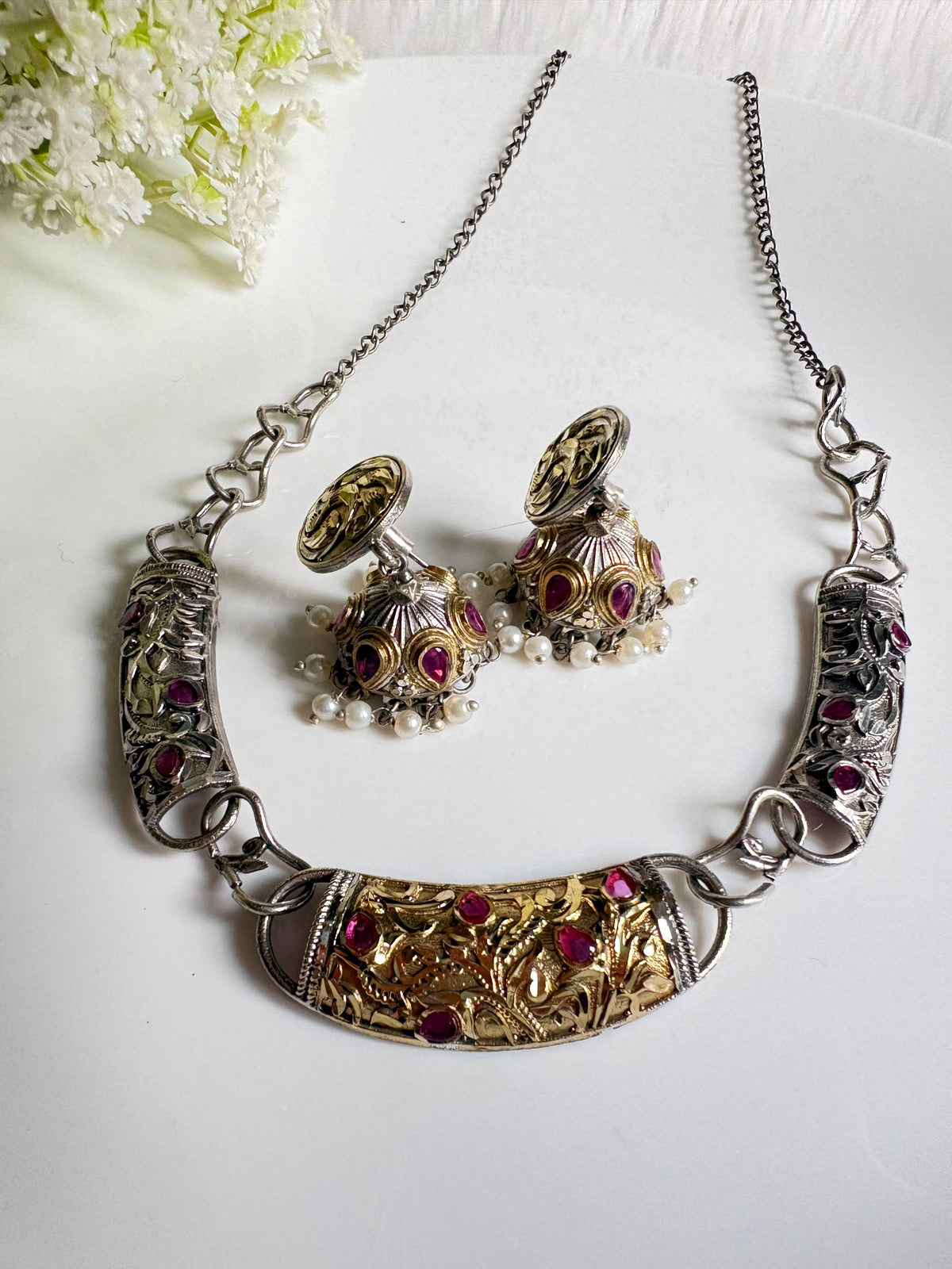 Rajavarna Dvayvarna Necklace Set | Dual Tone Traditional Necklace Set with Jhumka Earrings | Indian Ethnic Jewellery