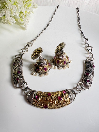 Rajavarna Dvayvarna Necklace Set | Dual Tone Traditional Necklace Set with Jhumka Earrings | Indian Ethnic Jewellery