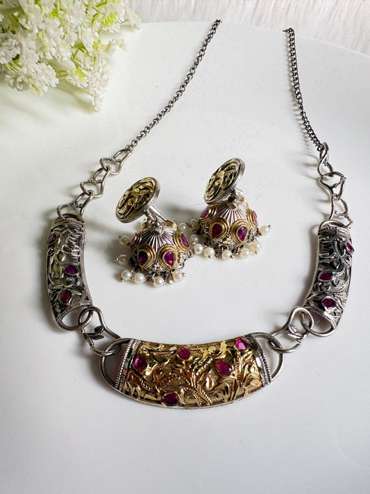 Rajavarna Dvayvarna Necklace Set | Dual Tone Traditional Necklace Set with Jhumka Earrings | Indian Ethnic Jewellery