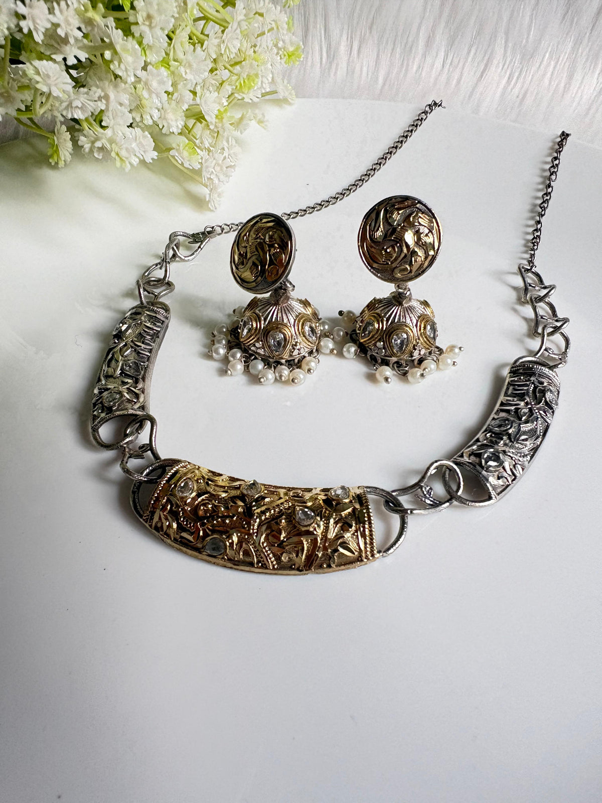 Rajavarna Dvayvarna Necklace Set | Dual Tone Traditional Necklace Set with Jhumka Earrings | Indian Ethnic Jewellery
