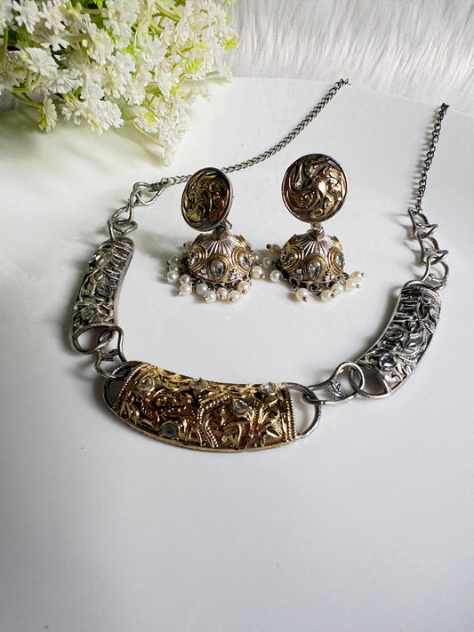 Rajavarna Dvayvarna Necklace Set | Dual Tone Traditional Necklace Set with Jhumka Earrings | Indian Ethnic Jewellery