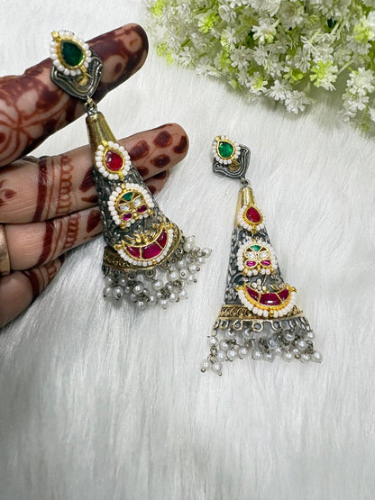 Dvayvarna Rajatkanthi Kundan Earrings | Dual Tone Long Kundan Fusion Earrings | Traditional Indian Statement Jewellery