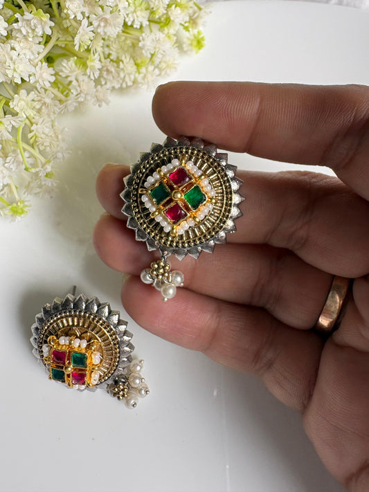 Sukshma Dvayvarna Kundan Earrings | Minimal Dual Tone SLA Kundan Fusion Earrings | Elegant Indian Ethnic Jewellery