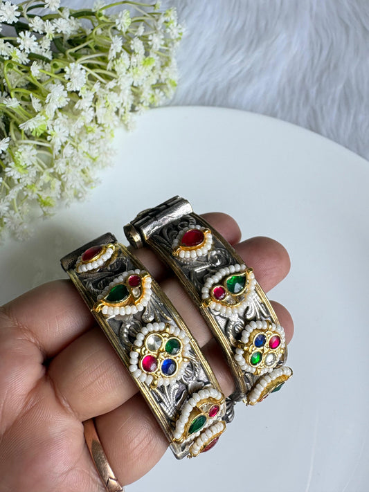 Rajkanika Dvayvarna Kundan Fusion Kada | Premium Dual Tone SLA Kundan Fusion Kada for Women | Brass Kada