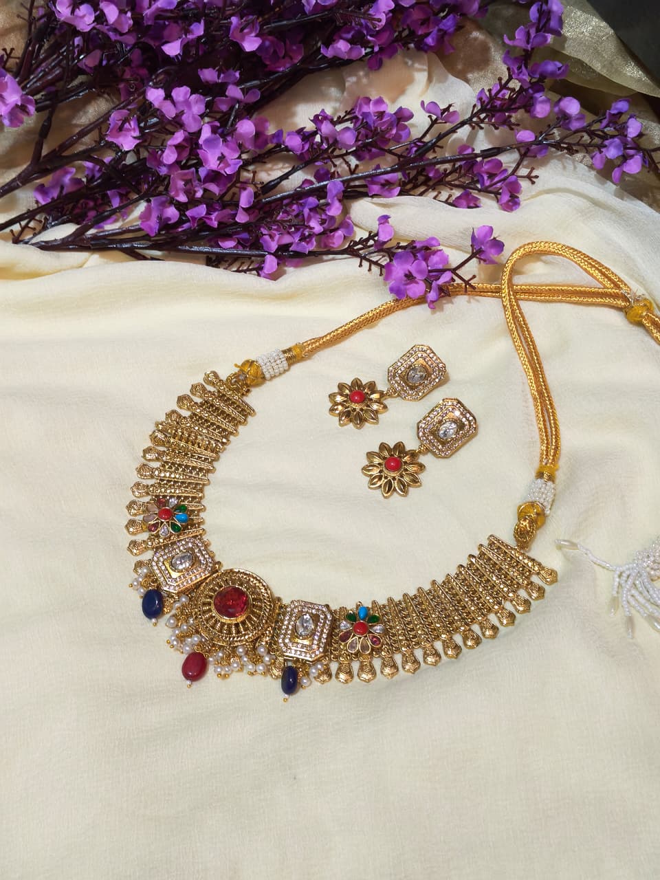 Muktapallavi Apala AD Pearl Drop Necklace | Apala Polish Necklace with American Diamond and Pearl Drops | Traditional Indian Jewellery