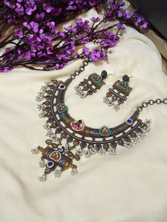 Kaalratna Pacchi Kundan German Silver Hasli | German Silver Hasli Necklace with Dual Tone Black Polish and Pacchi Kundan | Traditional Ethnic Jewellery