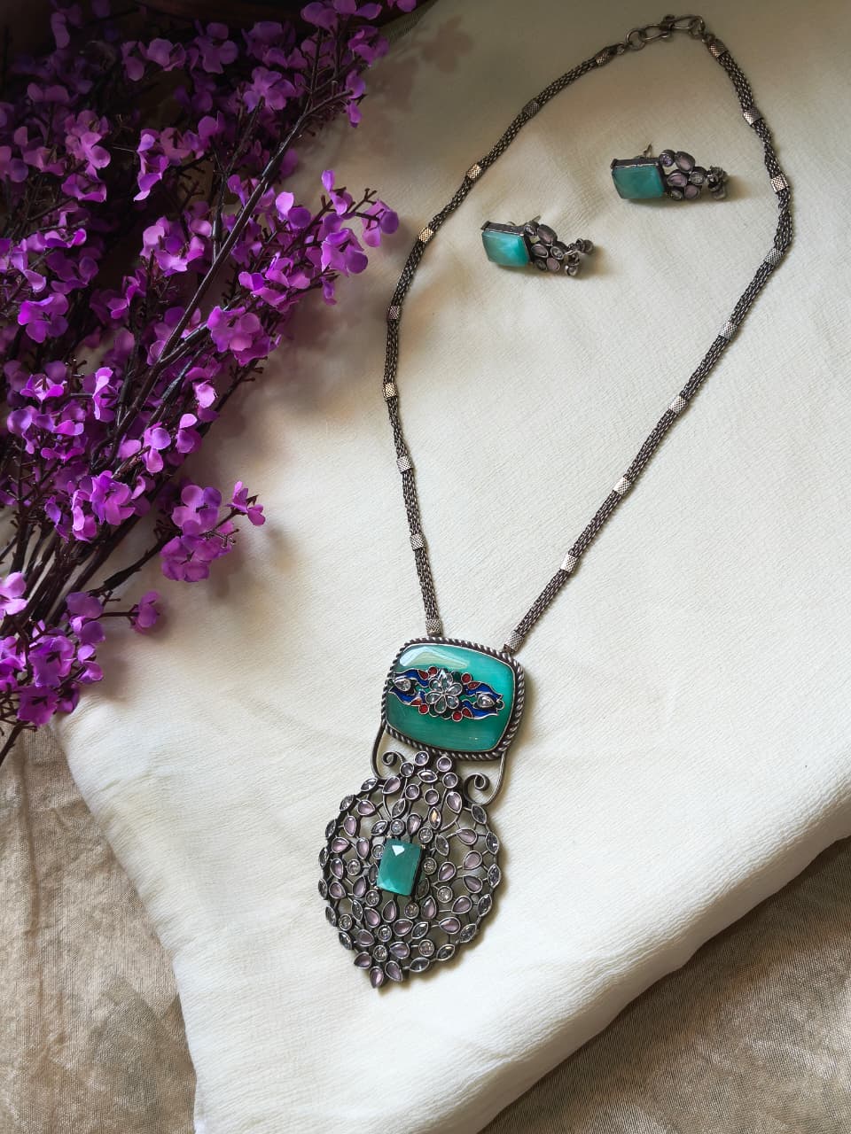 Devanshika Premium SLA Statement Pendant Set | Premium SLA Stone Statement Pendant Necklace Set with Earrings | Elegant Indian Jewellery