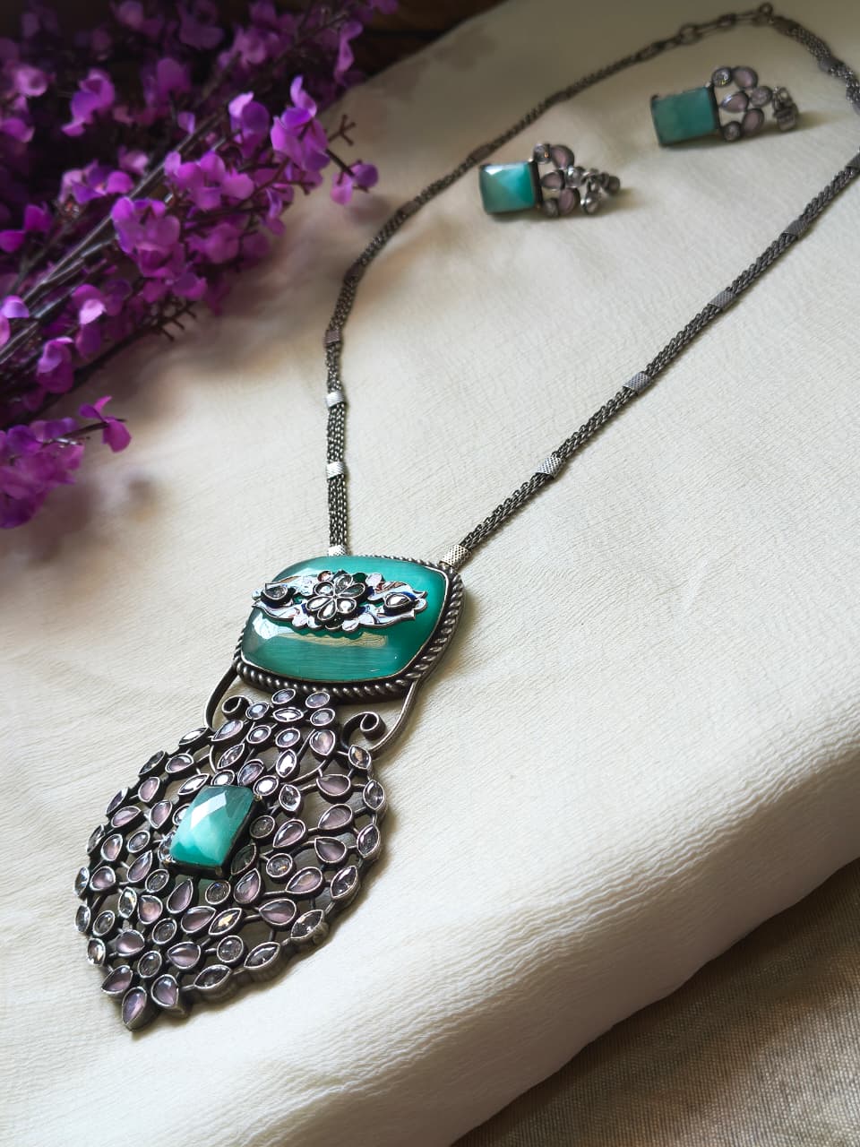 Devanshika Premium SLA Statement Pendant Set | Premium SLA Stone Statement Pendant Necklace Set with Earrings | Elegant Indian Jewellery