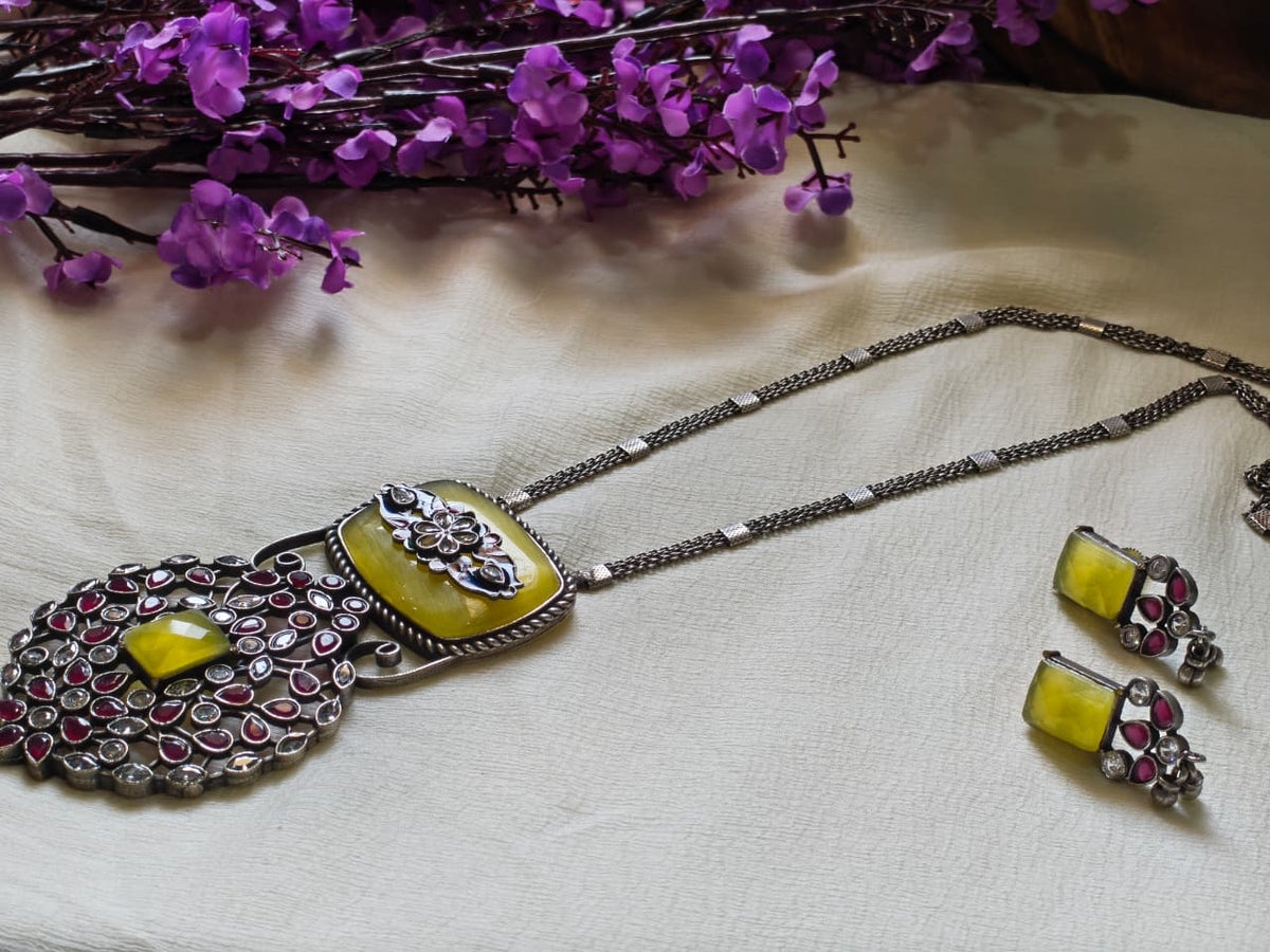 Devanshika Premium SLA Statement Pendant Set | Premium SLA Stone Statement Pendant Necklace Set with Earrings | Elegant Indian Jewellery