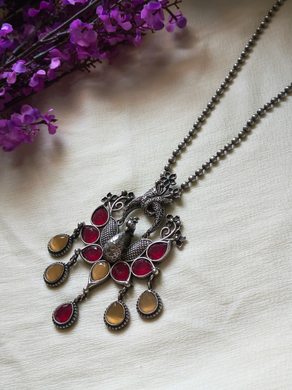 Ratnashobha Premium SLA Statement Pendant Set | Premium SLA Stone Statement Pendant Chain Set with Earrings | Traditional Fashion Jewellery