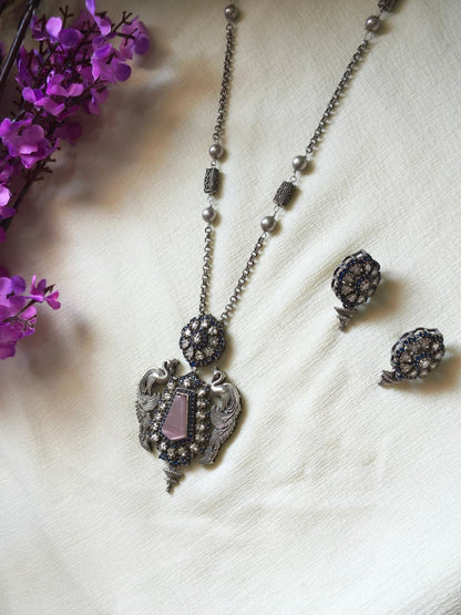 Hiranyalekhā Premium SLA Diamond Pendant Set | Premium SLA Diamond Statement Pendant Chain Set with Earrings | Elegant Indian Jewellery