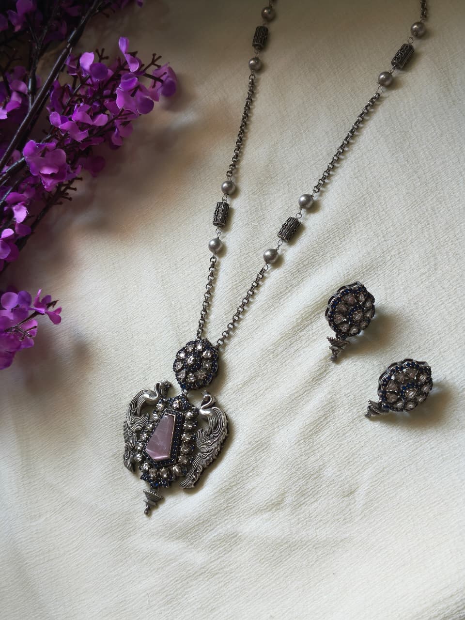 Hiranyalekhā Premium SLA Diamond Pendant Set | Premium SLA Diamond Statement Pendant Chain Set with Earrings | Elegant Indian Jewellery