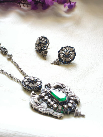 Hiranyalekhā Premium SLA Diamond Pendant Set | Premium SLA Diamond Statement Pendant Chain Set with Earrings | Elegant Indian Jewellery