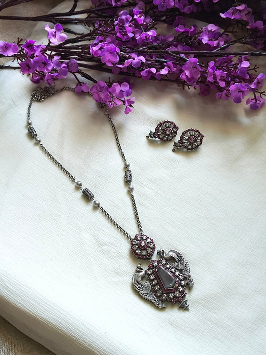 Hiranyalekhā Premium SLA Diamond Pendant Set | Premium SLA Diamond Statement Pendant Chain Set with Earrings | Elegant Indian Jewellery