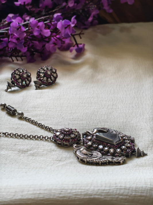 Hiranyalekhā Premium SLA Diamond Pendant Set | Premium SLA Diamond Statement Pendant Chain Set with Earrings | Elegant Indian Jewellery