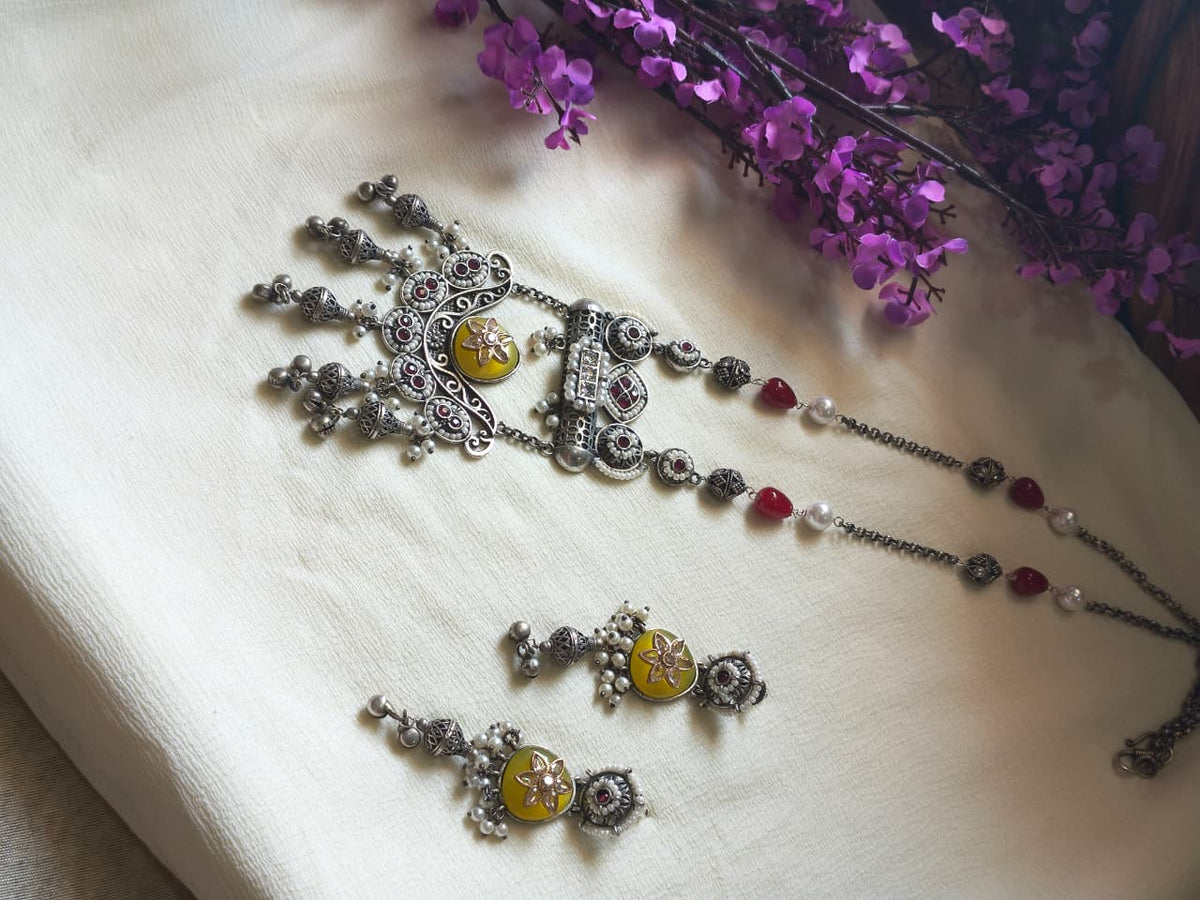 Aarohini Ratnashree Premium SLA Pendant Set | Premium SLA Stone Statement Pendant Chain Set with Earrings | Indian Ethnic Jewellery