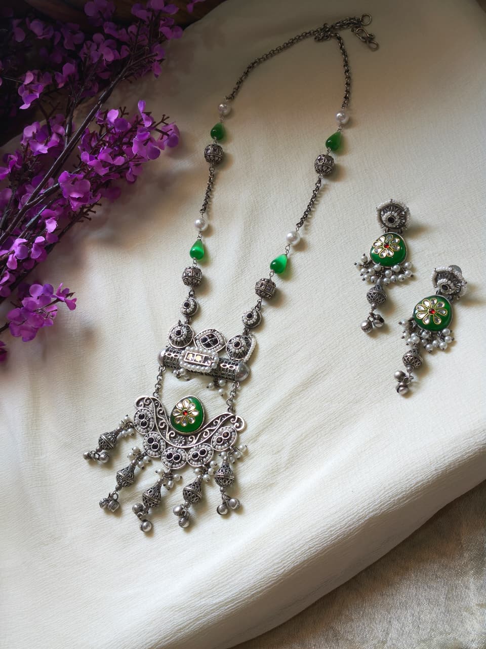 Aarohini Ratnashree Premium SLA Pendant Set | Premium SLA Stone Statement Pendant Chain Set with Earrings | Indian Ethnic Jewellery