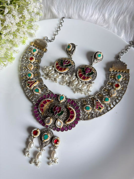 Rajvanshika Dvayvarna Kundan Statement Necklace Set | Premium Dual Tone Kundan Fusion Necklace Set with Earrings | Brass Base SLA Jewellery