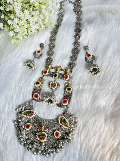 Nandiviraat Pachi Kundan Heritage Statement Set | Long Dual Tone Nandi Kundan Necklace Set with Jhumka Earrings | Brass Base SLA Jewellery