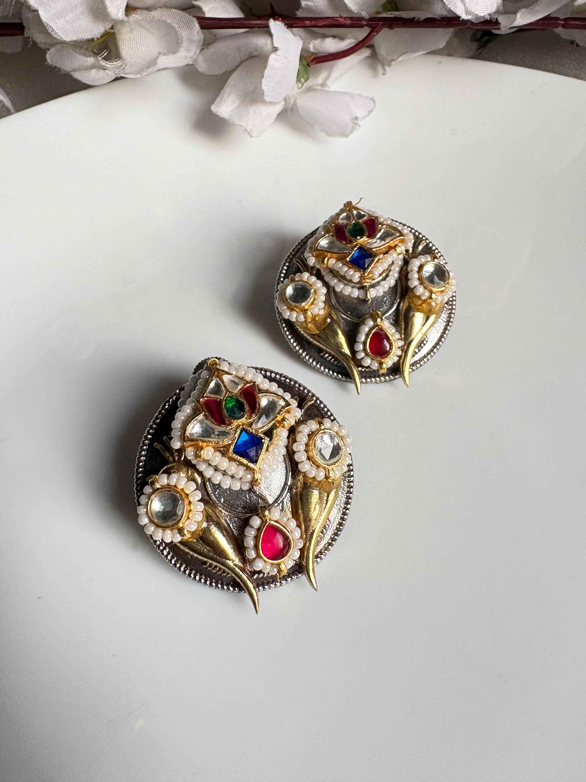 RajNoor Dualtone Kundan Stud Earrings | Dualtone SLA Kundan Stud Earrings | Premium Fusion Statement Earrings