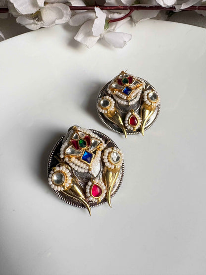 RajNoor Dualtone Kundan Stud Earrings | Dualtone SLA Kundan Stud Earrings | Premium Fusion Statement Earrings
