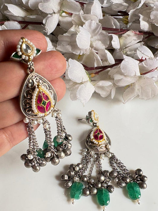 Aurevia Premium SLA Kundan Fusion Earrings Online | Dual Tone Long Ghungroo Earrings for Women