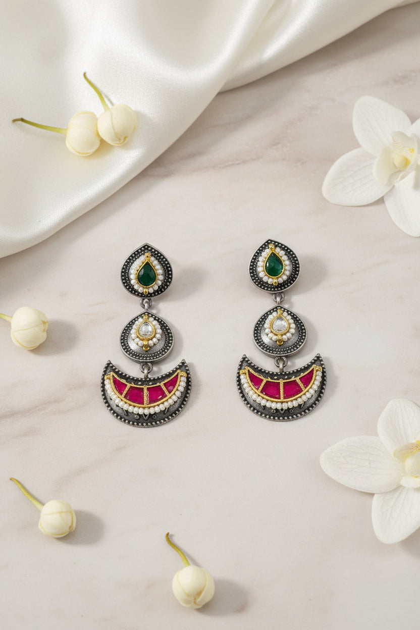 Ruhani German Silver Kundan Earrings Online | Ruby Green Traditional Earrings for Women