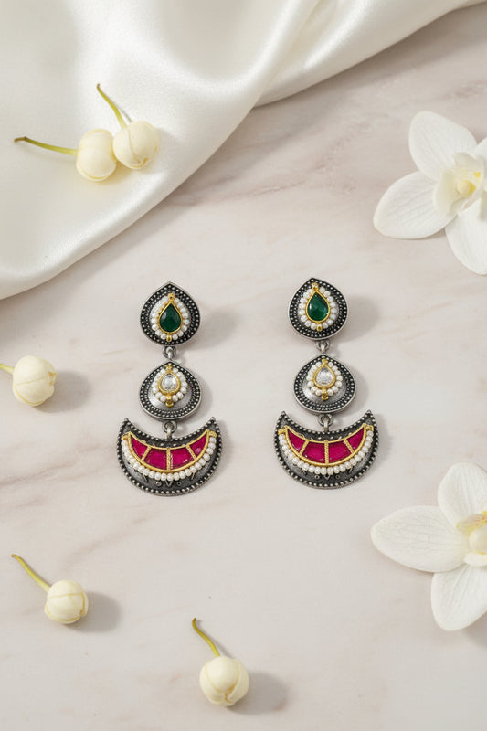 Ruhani German Silver Kundan Earrings Online | Ruby Green Traditional Earrings for Women