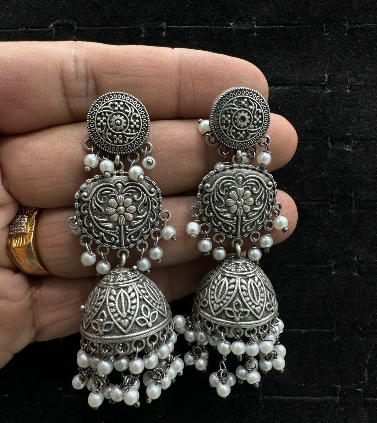 Yashvini German Silver Jhumka Earrings Online | Oxidised Pearl Jhumkas for Women
