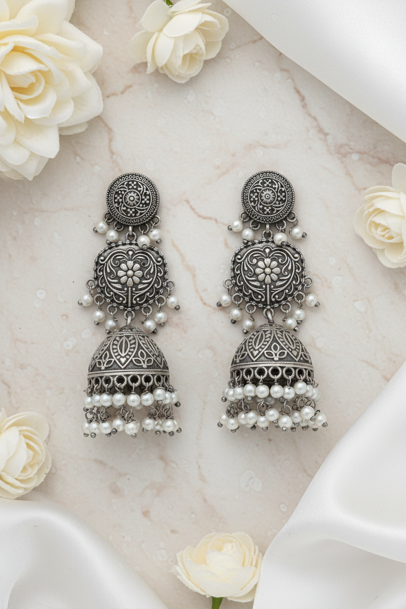Yashvini German Silver Jhumka Earrings Online | Oxidised Pearl Jhumkas for Women