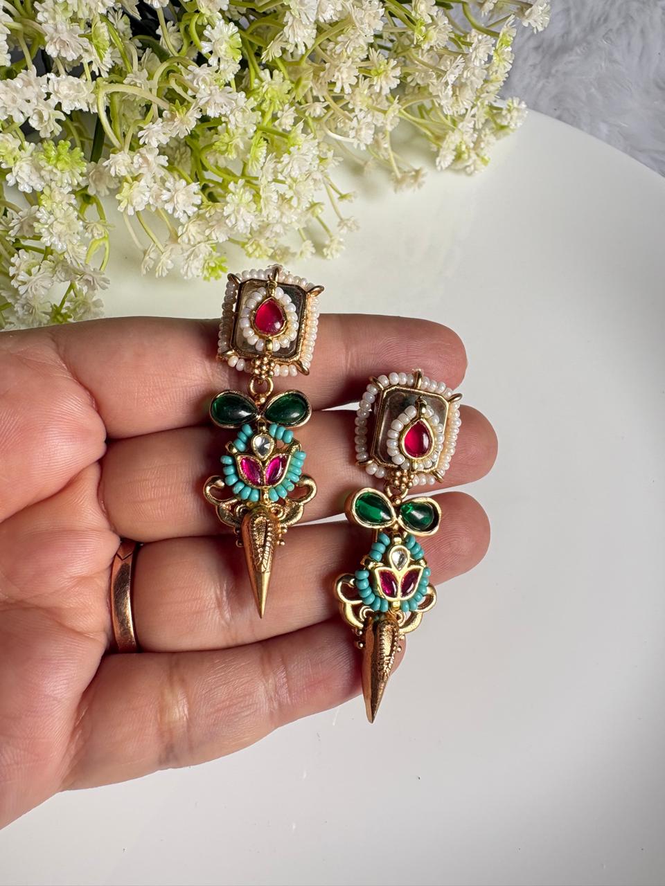 Suvarnapala Kundan Matt Earrings | Gold Matt Apala Polish Kundan Fusion Earrings | Traditional Indian Ethnic Jewellery