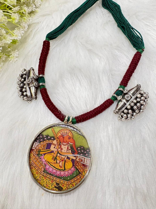 Chitrashree Handpainted Thread Pendant Necklace | Handpainted Pendant with Long Thread Necklace | Traditional Indian Ethnic Jewellery