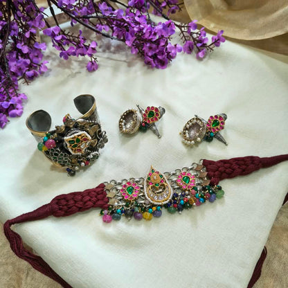 Rajrangini Dori Kundan Choker Set | Rajasthani Dori Braided Choker with Kundan Fusion Earrings | Traditional Indian Jewellery