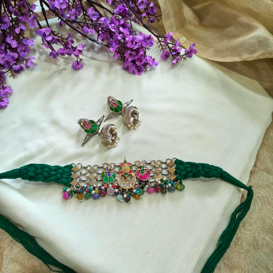 Rajrangini Dori Kundan Choker Set | Rajasthani Dori Braided Choker with Kundan Fusion Earrings | Traditional Indian Jewellery