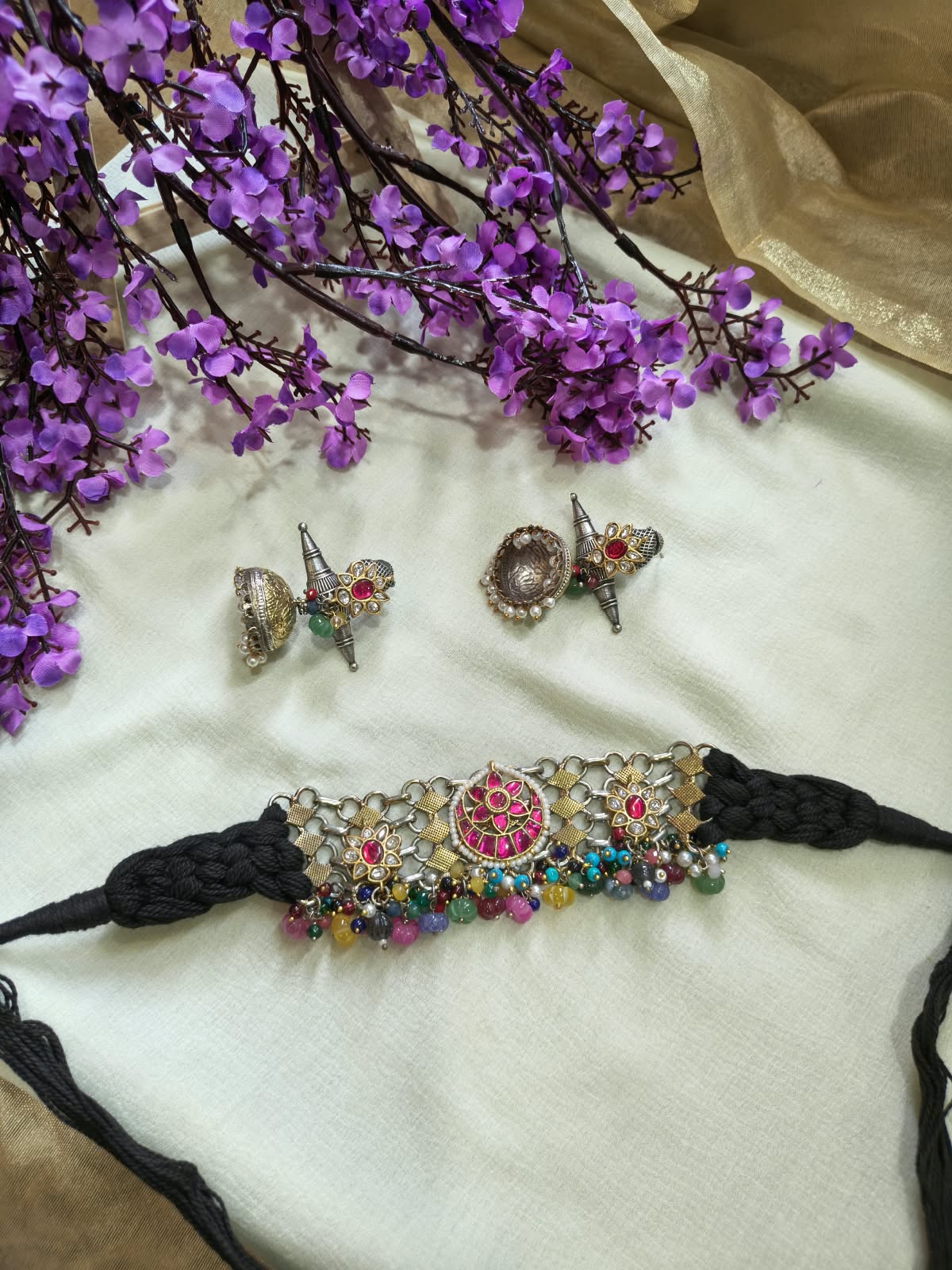 Rajrangini Dori Kundan Choker Set | Rajasthani Dori Braided Choker with Kundan Fusion Earrings | Traditional Indian Jewellery