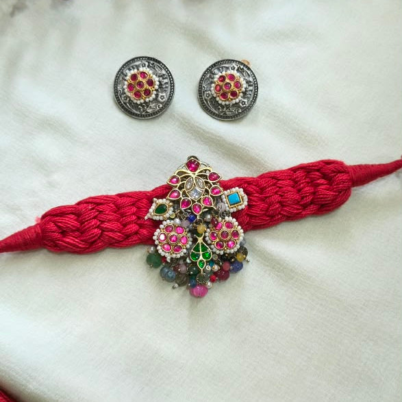 Rangjadau Dori Kundan Choker Set | Statement Braided Choker with Jadau Kundan Detailing & Earrings | Traditional Indian Jewellery