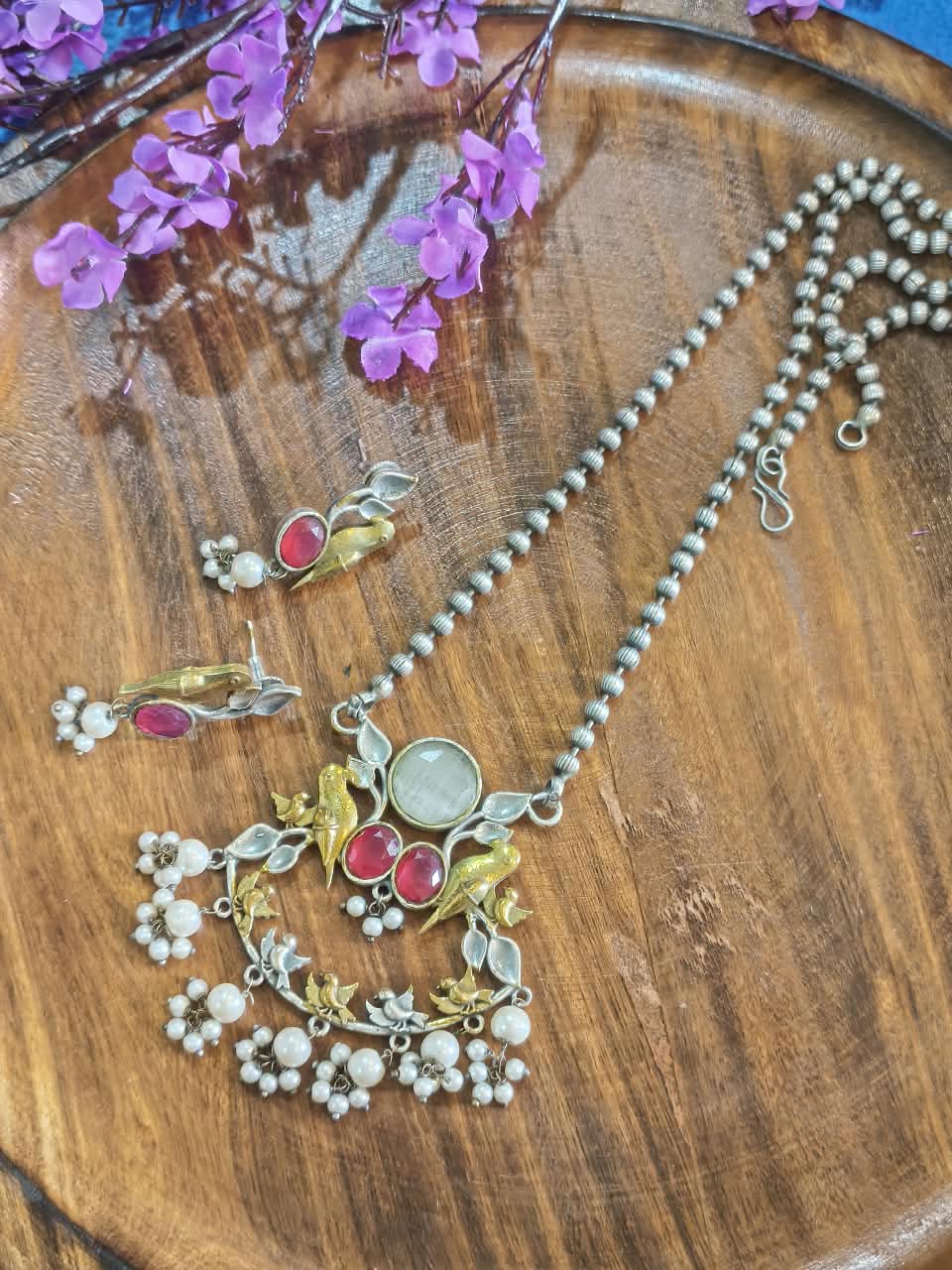 Rajatkala German Silver Darpan Haar Set | German Silver Long Pendant Set with Earrings | Traditional Indian Ethnic Jewellery