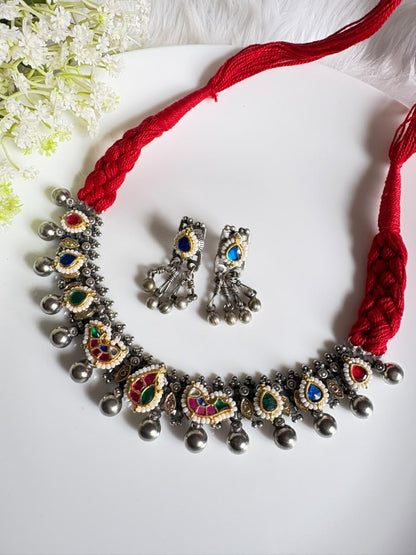 Rangdhwani German Silver Kundan Thread Necklace Set | German Silver Kundan Thread Necklace Set with Ghungroo Drops and Earrings | Traditional Ethnic Jewellery