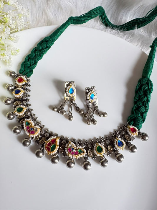 Rangdhwani German Silver Kundan Thread Necklace Set | German Silver Kundan Thread Necklace Set with Ghungroo Drops and Earrings | Traditional Ethnic Jewellery