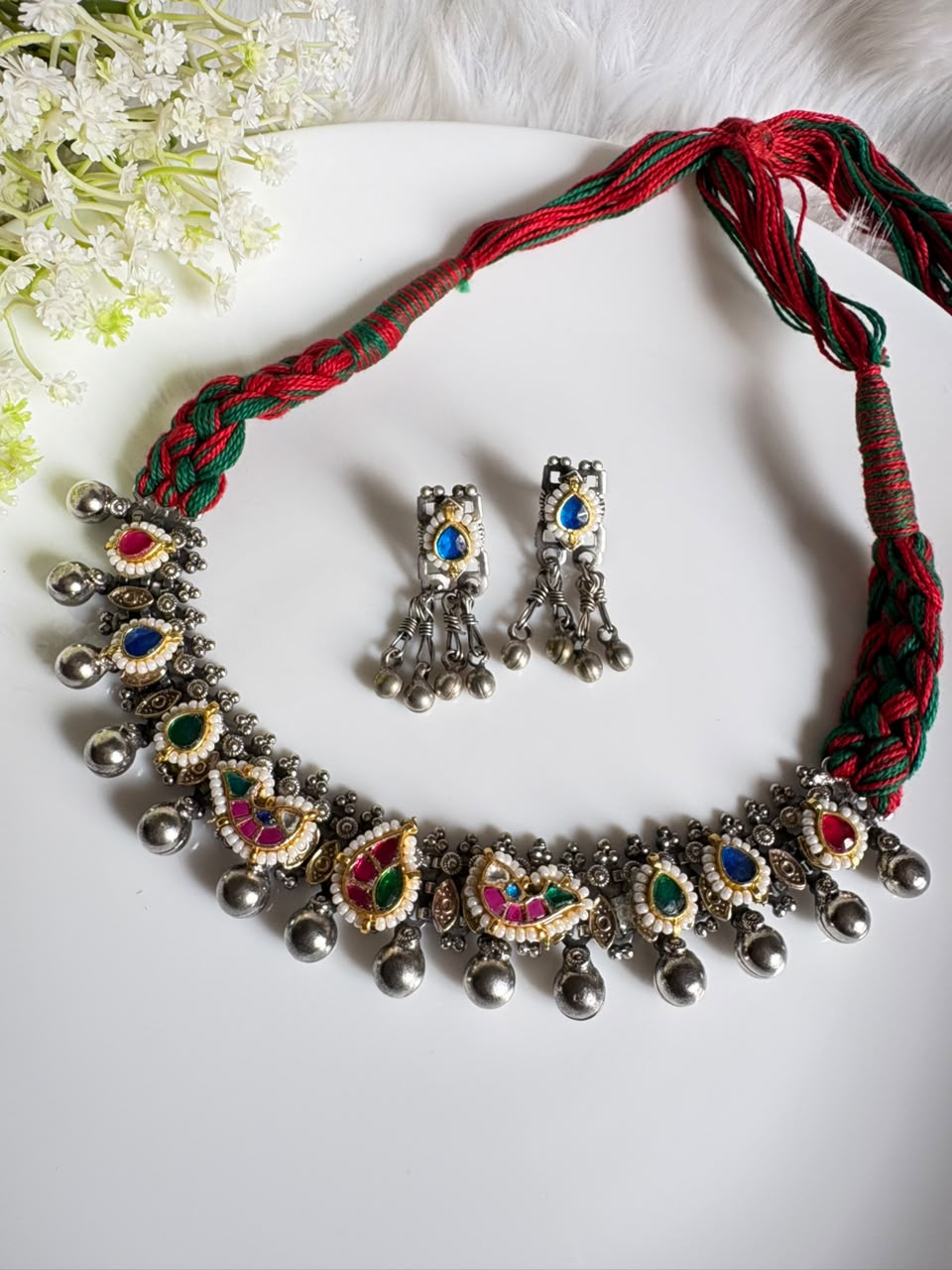 Rangdhwani German Silver Kundan Thread Necklace Set | German Silver Kundan Thread Necklace Set with Ghungroo Drops and Earrings | Traditional Ethnic Jewellery