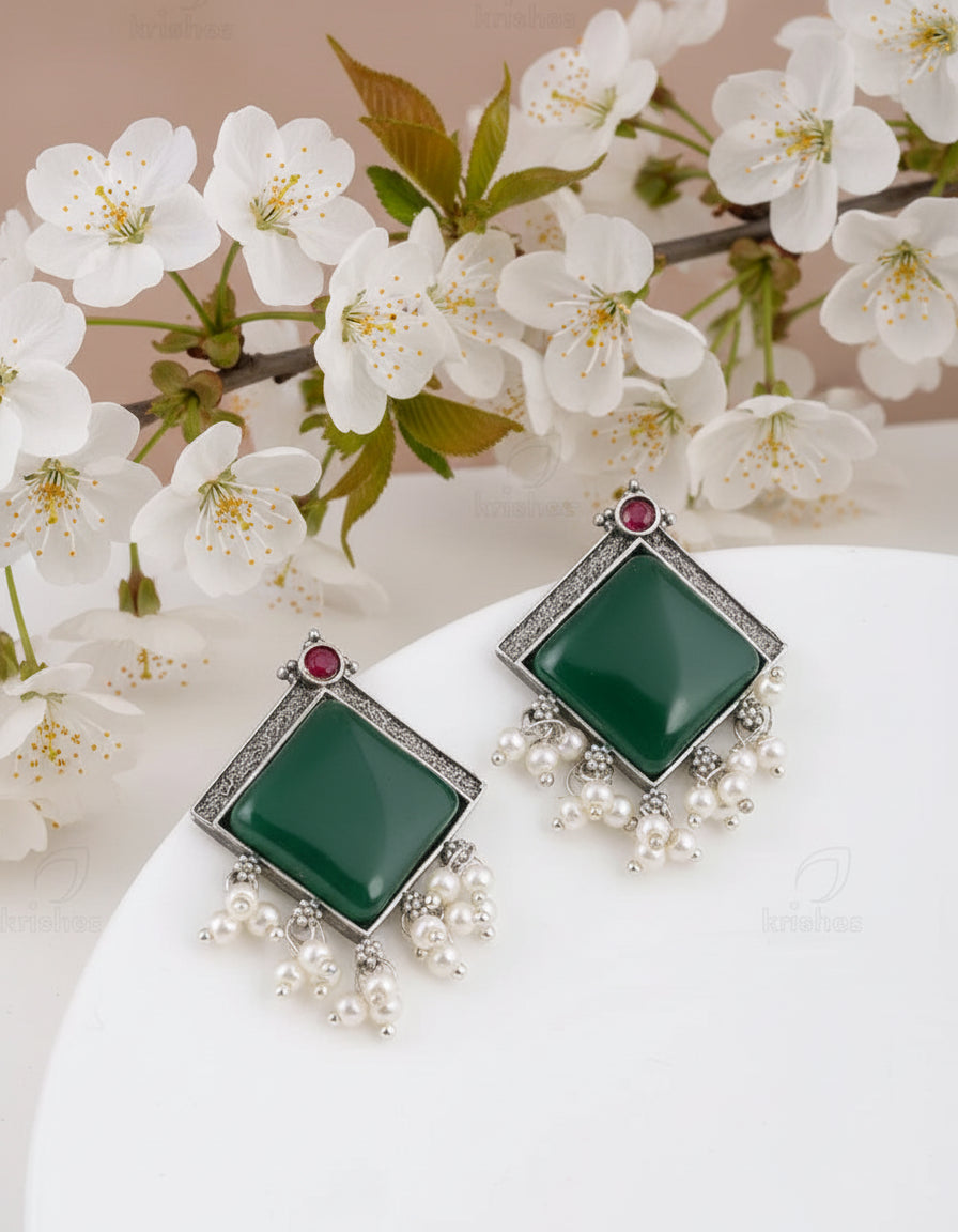 Alankrent Antique Silver Square Stone Pearl Drop Earrings – Available in 5 Elegant Colour Variants - Alankrent Luxe