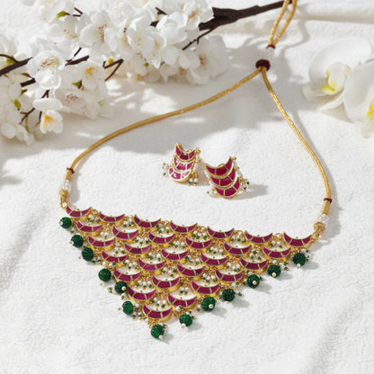 Raktika Veni Kundan Necklace Set with Stud Earrings| Navratri Statement Jewellery | Ruby Green Layered Choker Haar
