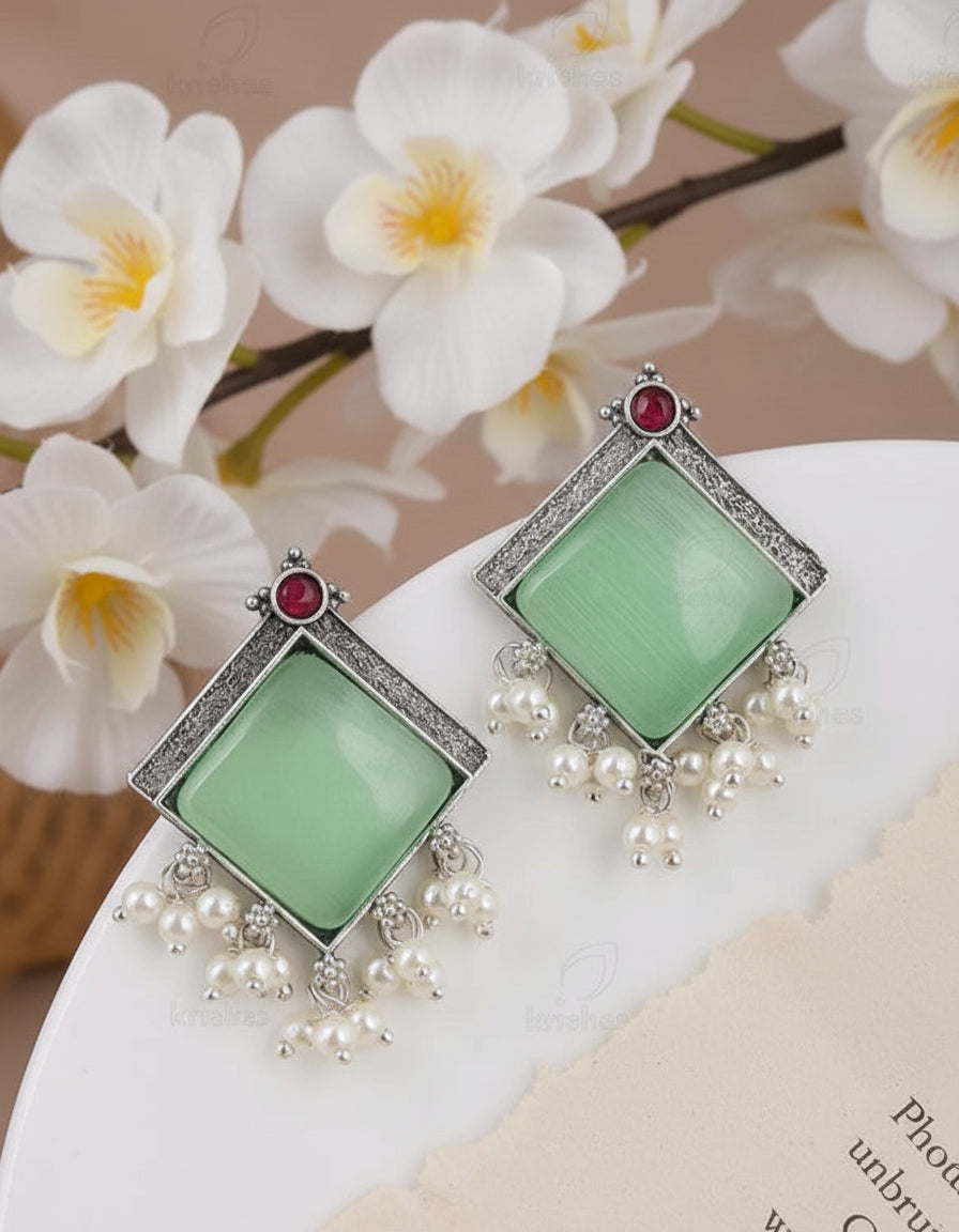 Alankrent Antique Silver Square Stone Pearl Drop Earrings – Available in 5 Elegant Colour Variants - Alankrent Luxe