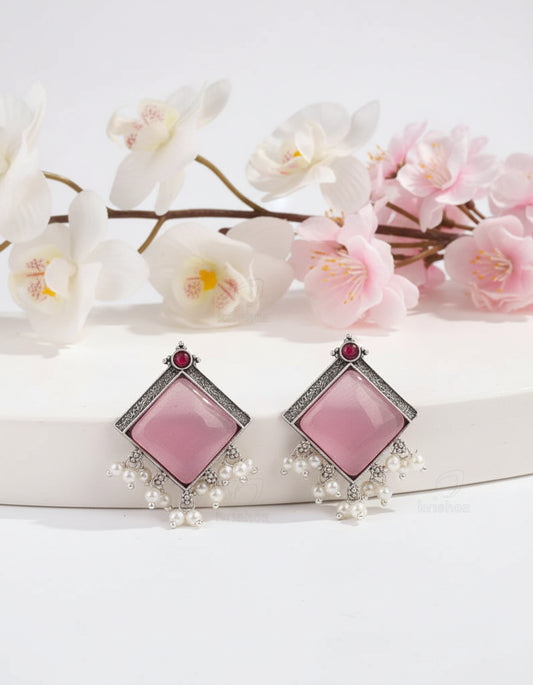 Alankrent Antique Silver Square Stone Pearl Drop Earrings – Available in 5 Elegant Colour Variants - Alankrent Luxe